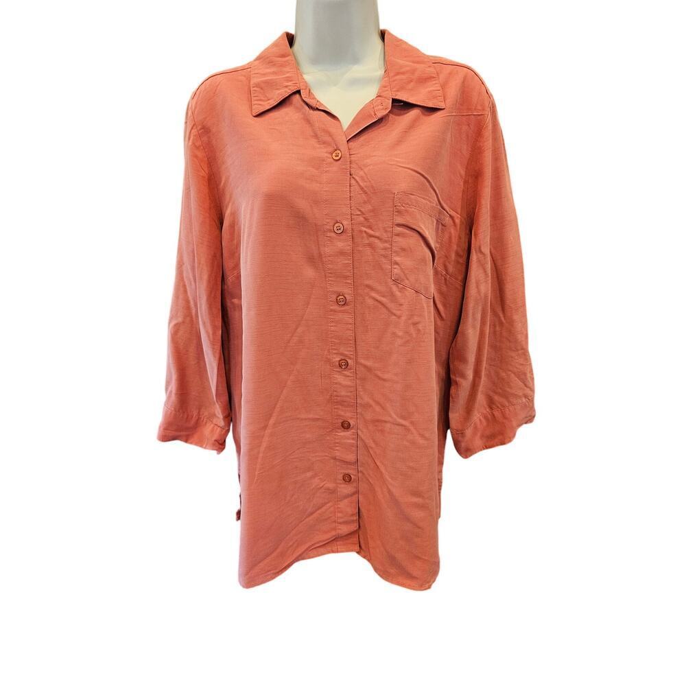 Notations XL coral pink button up roll tab sleeve modal blend EUC blouse top +